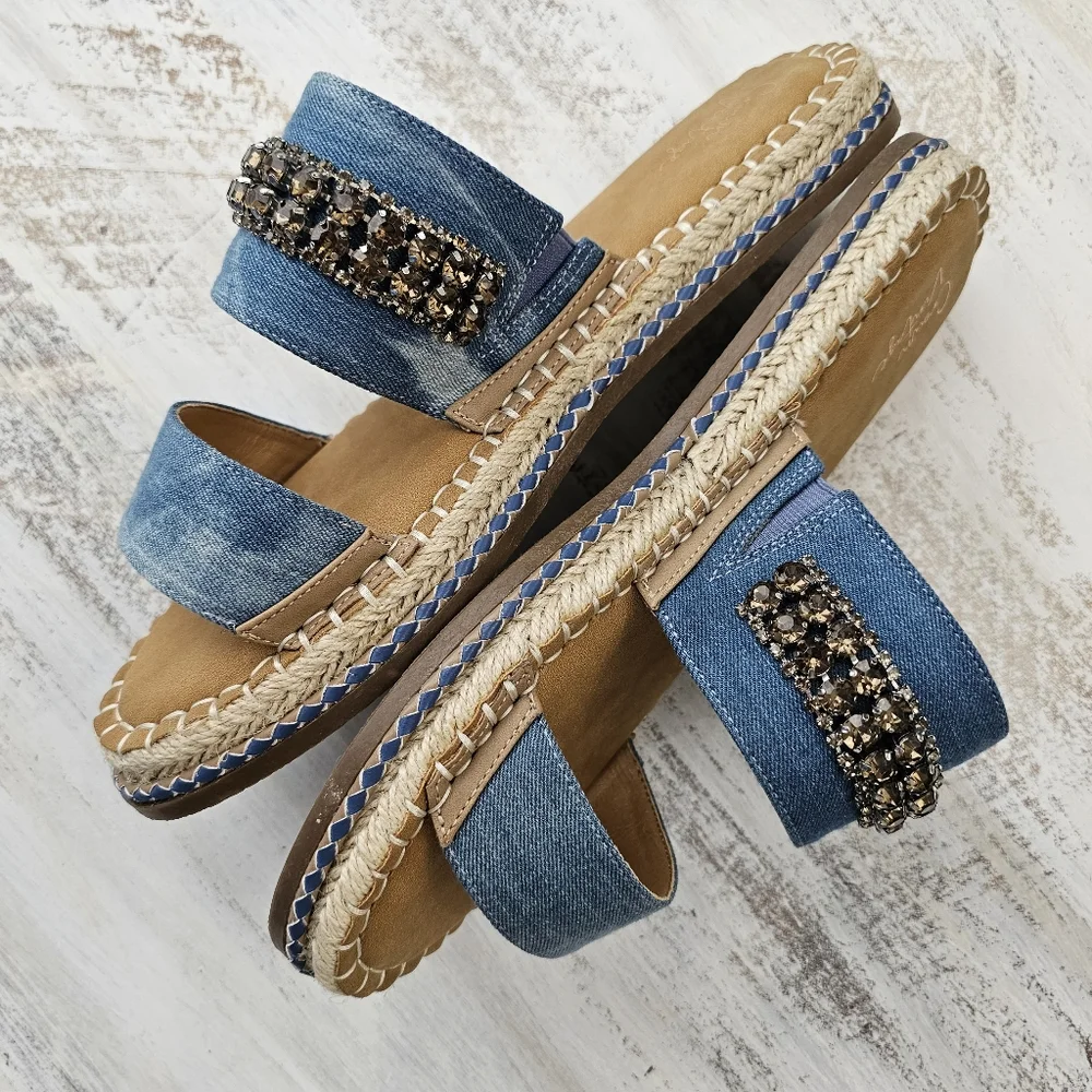 Nwob Crown Vintage Blue Denim Sandal Slides with Rhinestone Accent